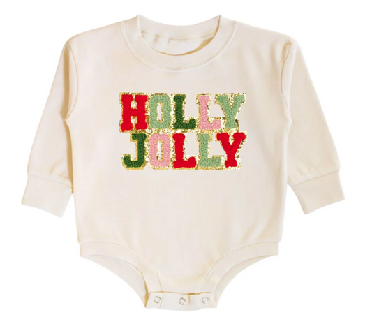 Holly Jolly Patch Christmas Long Sleeve Romper - Natural