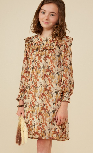 Girls Ruffle Detail Foliage Print Dress