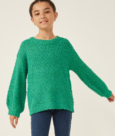 Girls Popcorn Knit Pullover Sweater in Kelly Green