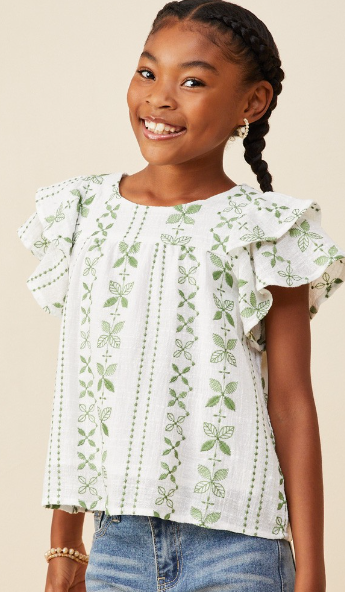 Girls Botanical Embroidered Layered Ruffle Top