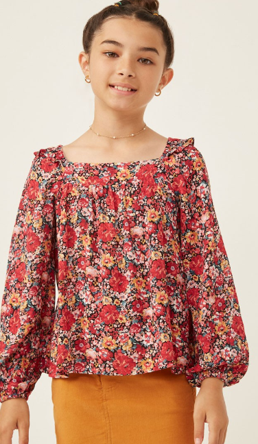 Print Ruffle Shoulder Long Sleeve Textured Top