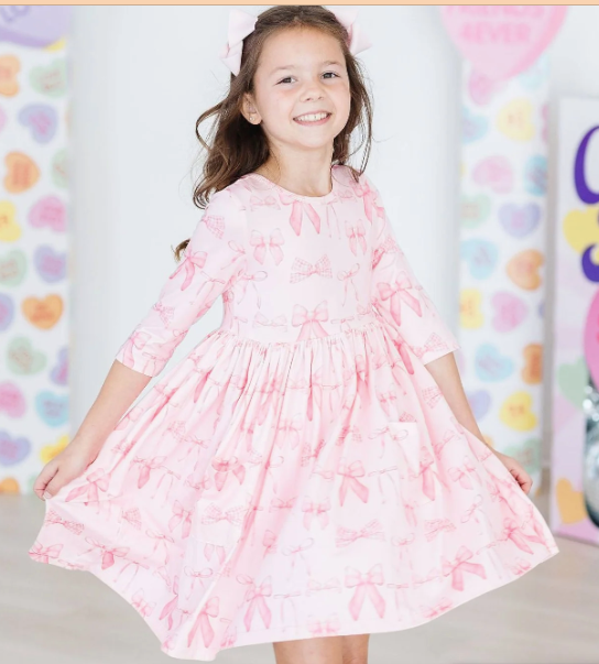 BLUSHING BOWS  3/4 SLEEVE RUFFLE TWIRL DRESS