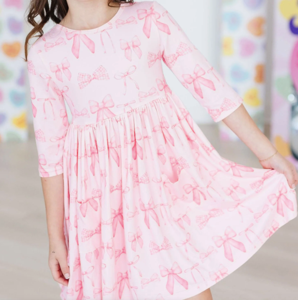 BLUSHING BOWS  3/4 SLEEVE RUFFLE TWIRL DRESS