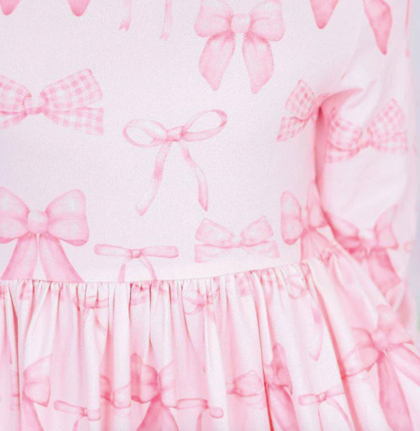 BLUSHING BOWS  3/4 SLEEVE RUFFLE TWIRL DRESS