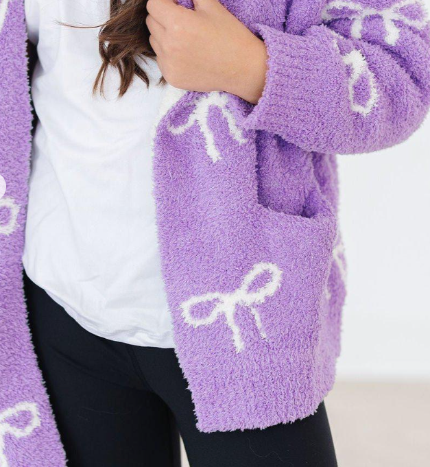 LILAC/COCONUT BOW COZY CARDIGAN