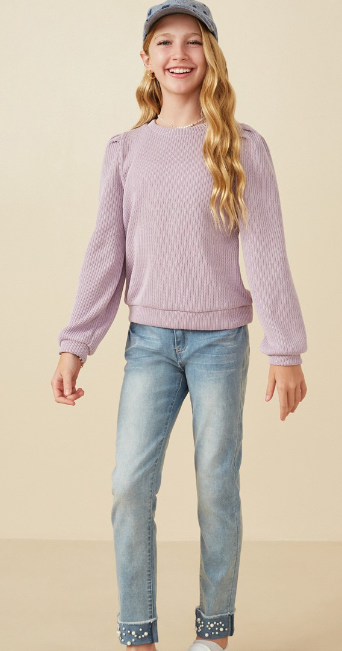 Girls Ribbed Knit Banded Detail Mock Neck Top in Lavender