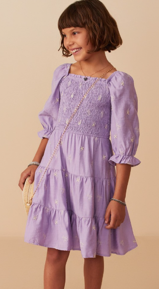 Girls Floral Embroidered Smocked Midi Dress