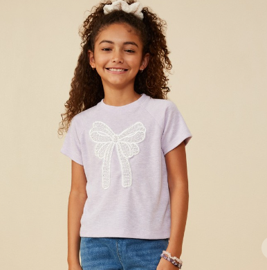 Girls Pearl Ribbon Patch Knit T Shirt in Lavender