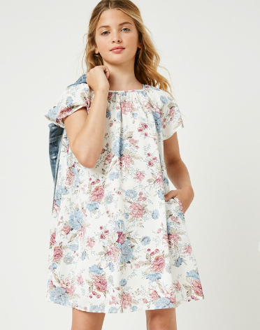 Girls Flutter Sleeve Floral Shift Dress