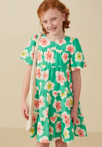 Girls Floral Puff Sleeve Tiered Dress