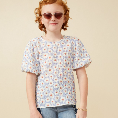 Girls Textured Daisy Print Puff Sleeve Top