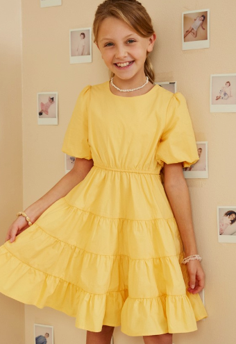 Girls Bow Back Puff Sleeve Poplin Dress in Yellow