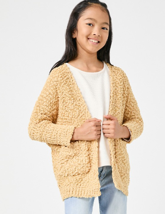 Girls Textured Open Front Sweater Cardigan in Honey