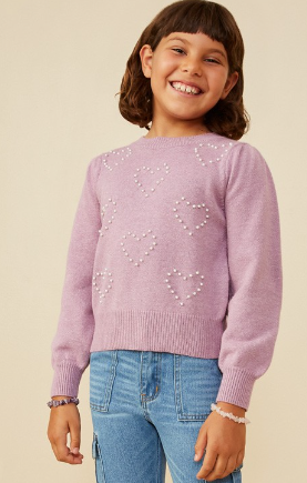 Girls Pearl Hearts Detail Pullover Sweater in Lavendeer