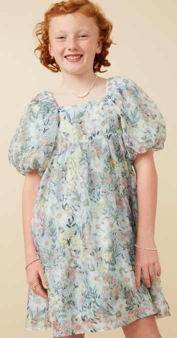 Girls Floral Organza Puff Sleeve Dress