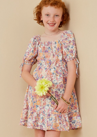 Girls Floral Cinch Waist Smocked Back Dress in Blush