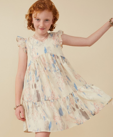 Girls Watercolor V Neck Tiered Ruffled Dress in Ivory