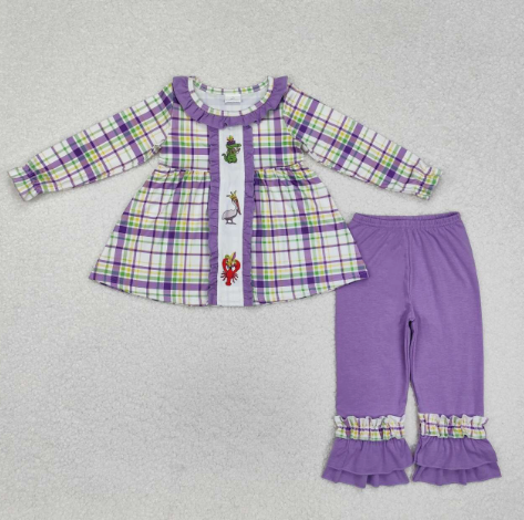 Plaid embroidery kids girls Mardi Gras outfits