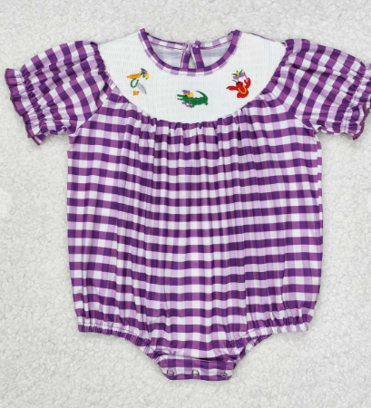 Purple plaid smocked baby girls Mardi Gras romper