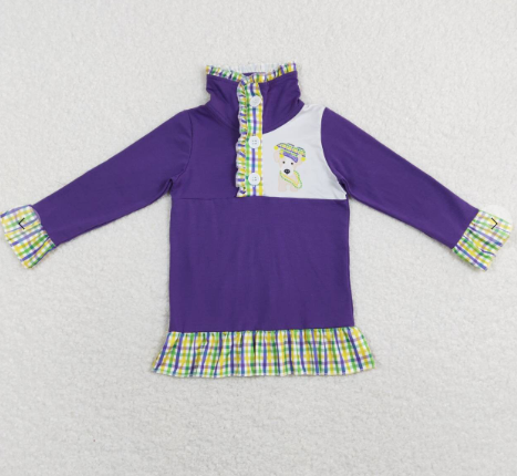 Purple dog plaid girls mardi gras pullover