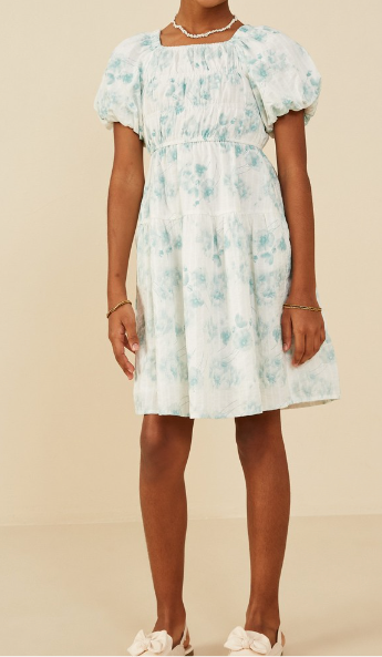 Girls Textured Floral Puff Sleeve Self Tie Dress