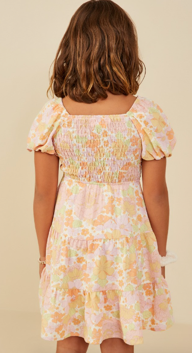 Girls Textured Floral Smocked Puff Sleeve Dress