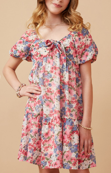 Girls Spring Floral Puff Sleeve Bow Front Dress