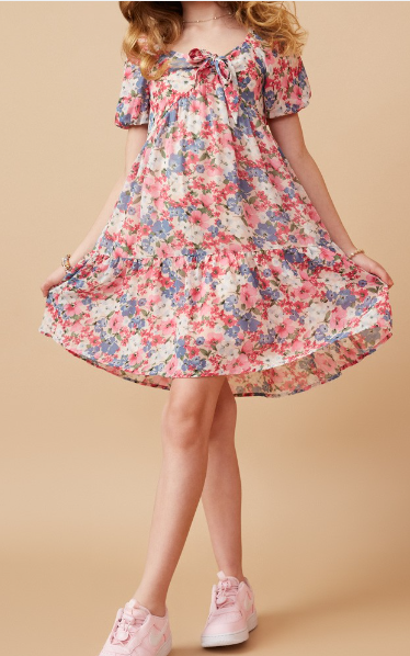 Girls Spring Floral Puff Sleeve Bow Front Dress