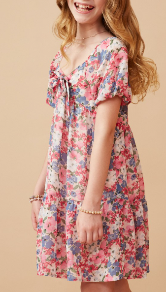 Girls Spring Floral Puff Sleeve Bow Front Dress