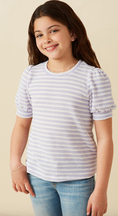 Girls Textured Stripe Puff Sleeve Knit Top in Lavender