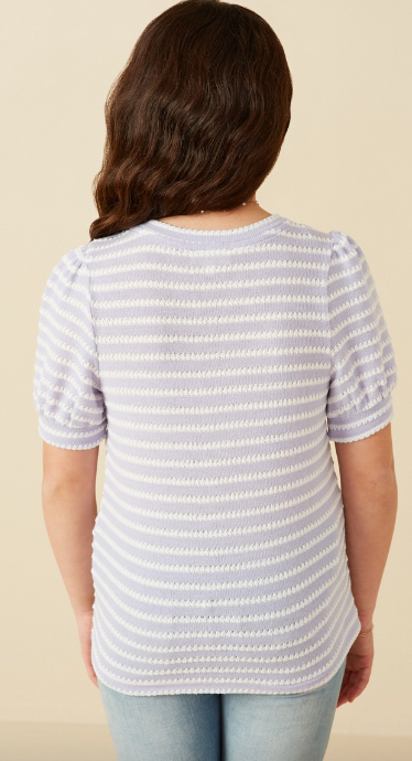 Girls Textured Stripe Puff Sleeve Knit Top in Lavender