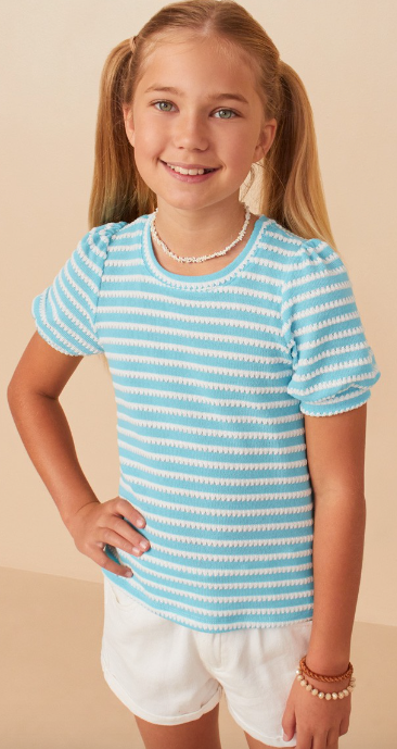 Girls Textured Stripe Puff Sleeve Knit Top inBlue