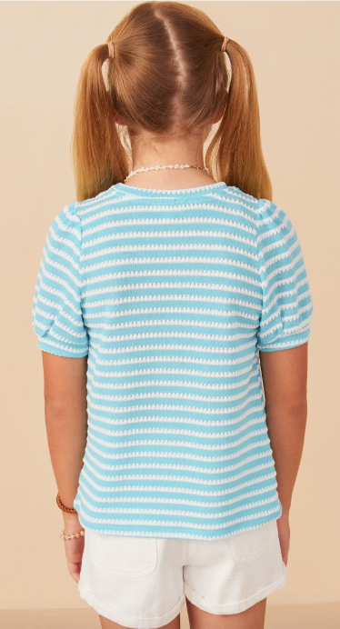 Girls Textured Stripe Puff Sleeve Knit Top inBlue