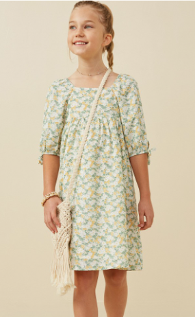 Girls Floral Print Square Neck Puff Sleeve Midi Dress