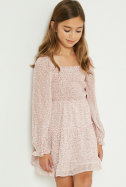 Girls Smocked Square Neck Floral Mini Dress in Pink