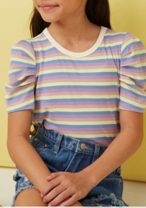 Multi Color Stripe Ribbed Knit Puff Shoulder Top in lavender mix