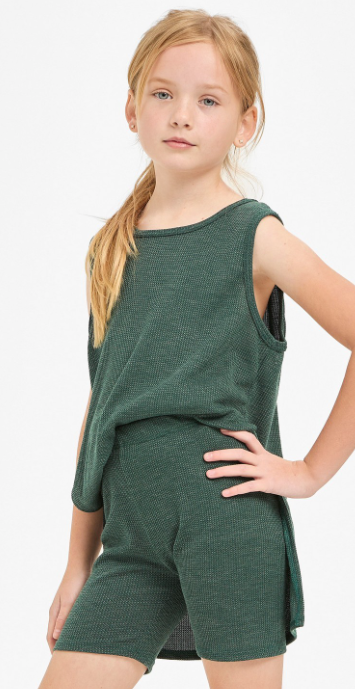 Waffle Knit Sleeveless Top and Biker Shorts Set in Gunter Green