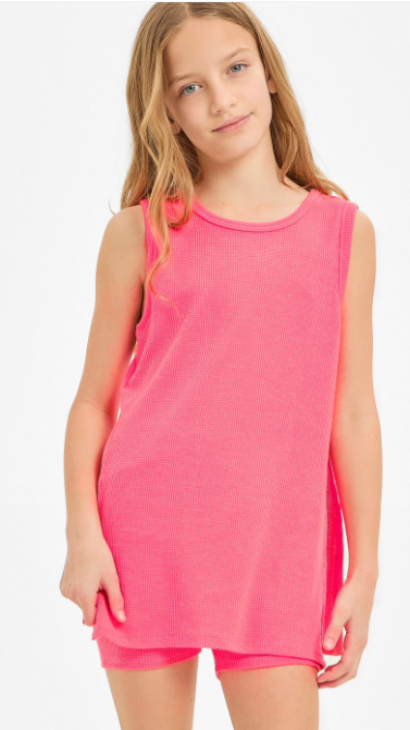 Waffle Knit Sleeveless Top and Biker Shorts Set in Hot Pink