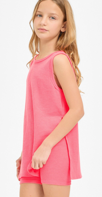 Waffle Knit Sleeveless Top and Biker Shorts Set in Hot Pink