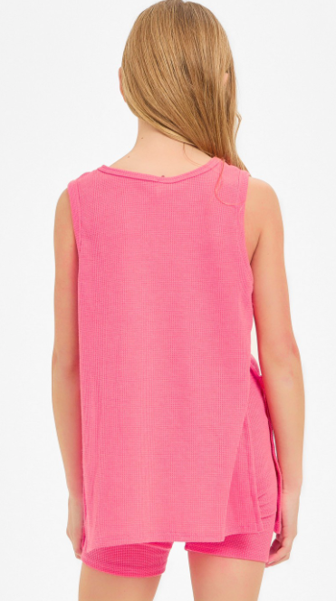 Waffle Knit Sleeveless Top and Biker Shorts Set in Hot Pink