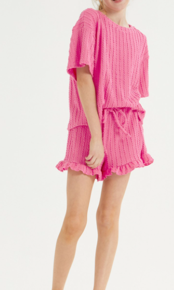 Embossed Ribbed Knit Ruffle Set in Pink