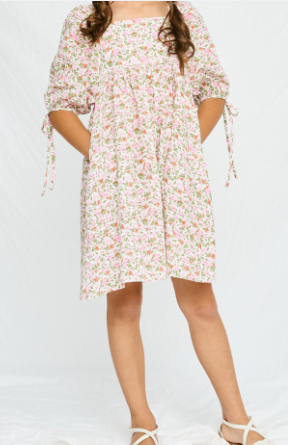 Girls Tie Sleeve Square Neck Floral Tunic Dress in Pink