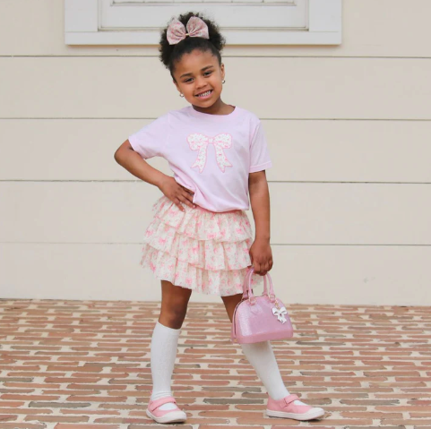 Ditsy Floral Bow Patch Short Sleeve T-Shirt - Ballet