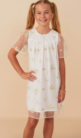 Girls Floral Embroidered Mesh Midi Dress