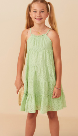 Girls Floral Crochet Lace Tiered Tank Dress in Mint