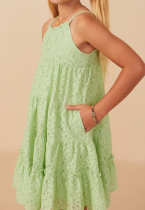Girls Floral Crochet Lace Tiered Tank Dress in Mint