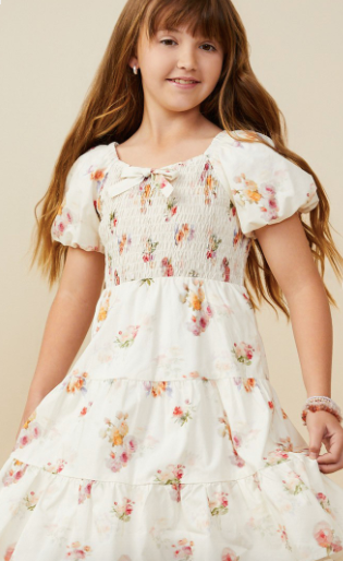 Girls Bow Detailed Smocked Textured Floral Dress