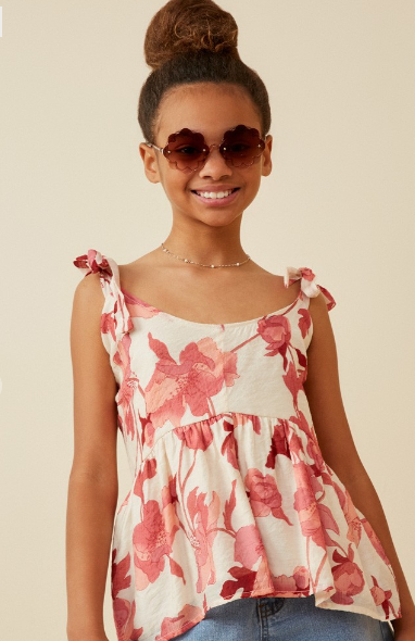 Girls Textured Floral Tie Shoulder Hankerchief Top