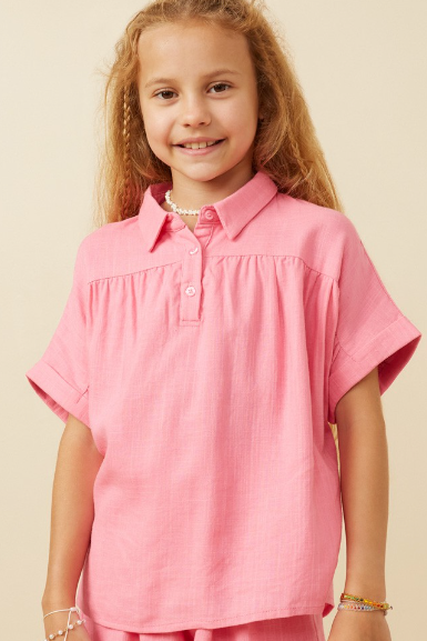 Girls Short Sleeve Collared Dolman Top in Pink