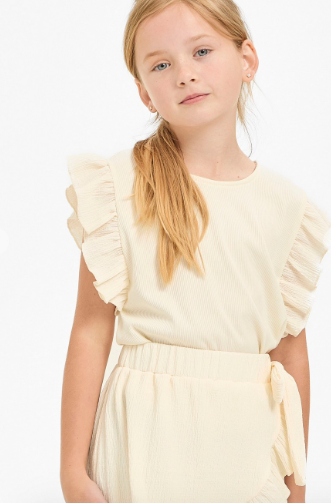 Kids Ruffle Sleeves Ribbed Knit Top in Cream